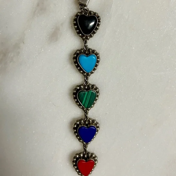 Vintage ~ Multi-Colors Gemstones Heart Shaped ~ .925 Sterling Silver Bracelet - Picture 8 of 15